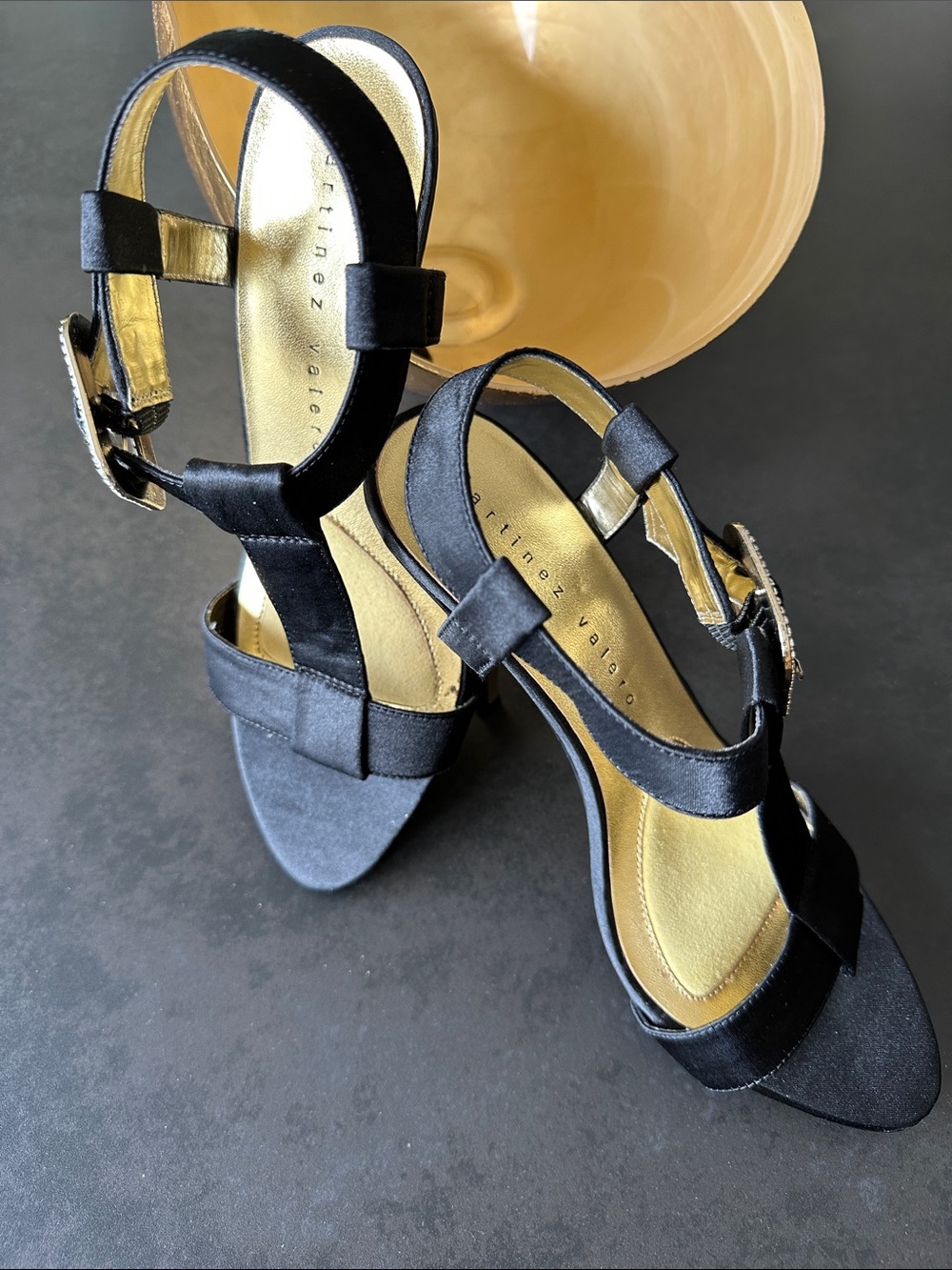 New in original box!! Martinez Valero Black Satin T-Strap Heels with Gold Insole